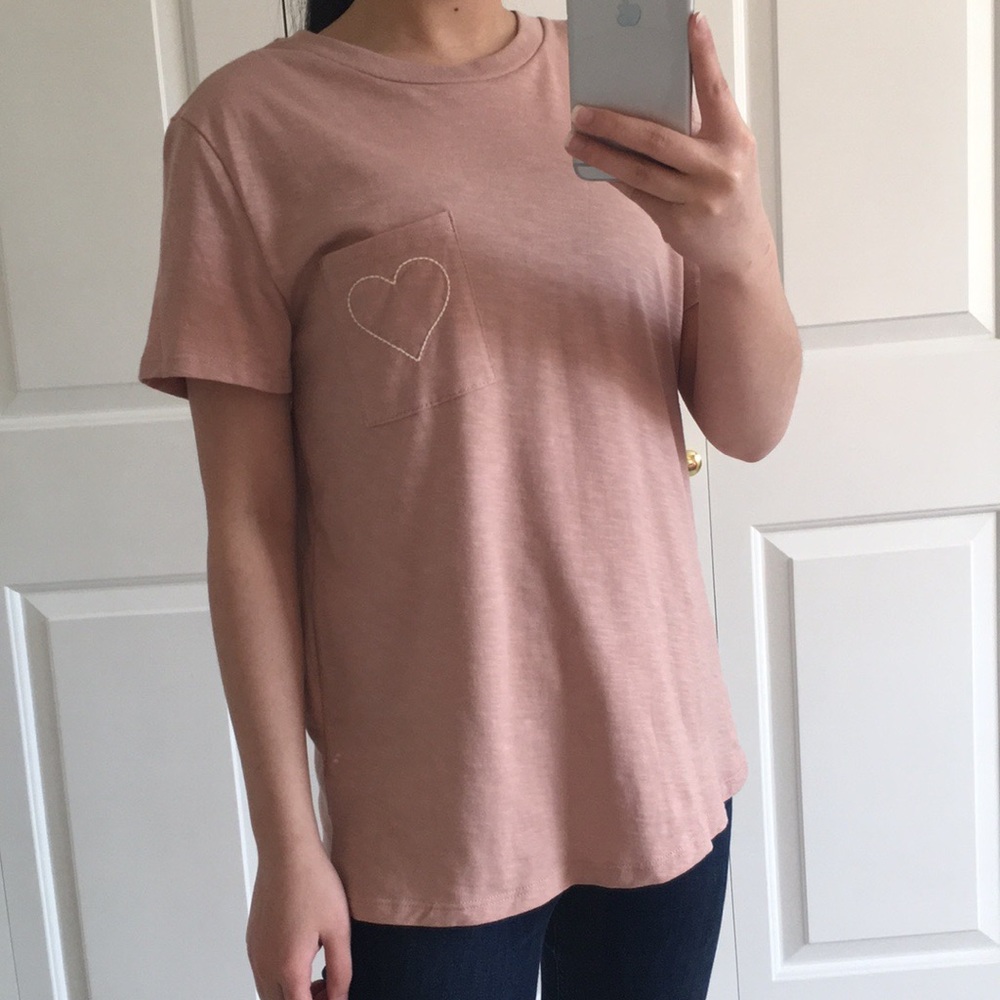 BELOVED - Dusty Pink Heart Embroidered With A Front Pocket Casual T-Shirt Tee - Picture 3 of 7
